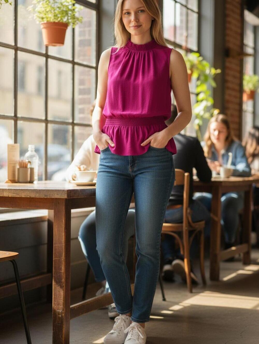 The Limited- Beautiful Magenta Pink Sleeveless Smocked Neck Peplum Top -  Small